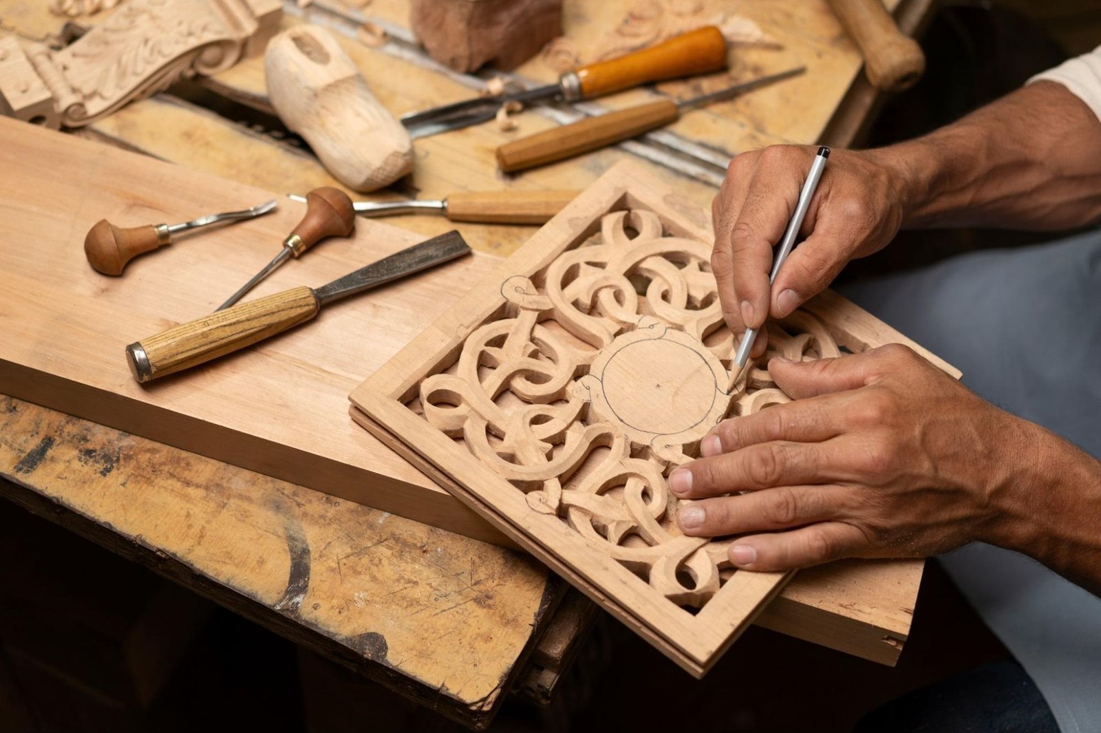 A person is working on a wood carving project, using a specialized carving tool to create intricate patterns on a wooden surface. The workbench is scattered with various chisels and gouges, showcasing the tools essential for this traditional craft. The carved design features swirling motifs with a circular element at its center, highlighting the artistry and skill involved in woodwork.