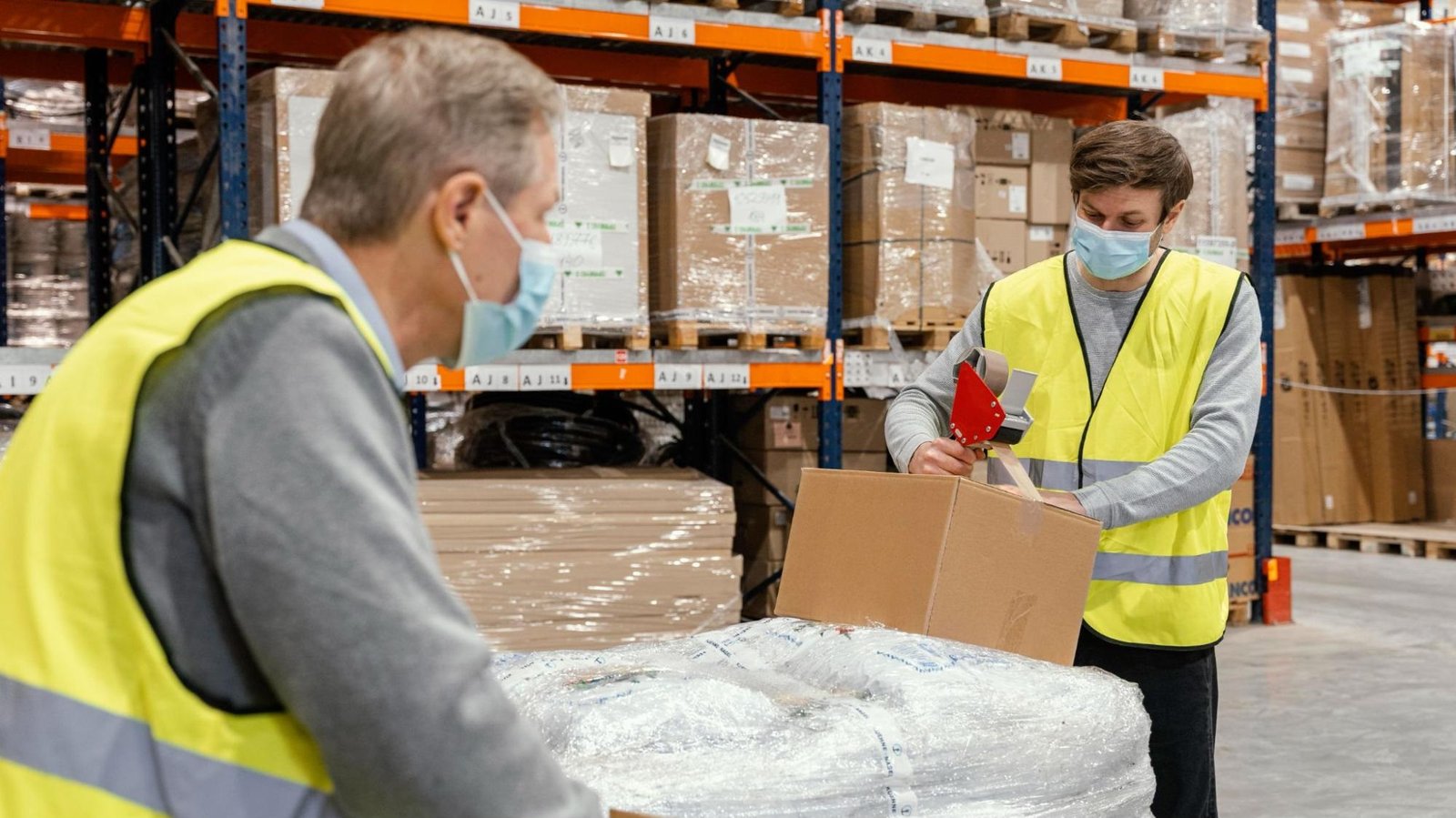 Two warehouse workers wearing reflective yellow vests and face masks are seen handling packages. One worker is sealing a cardboard box with packing tape, while the other appears to be organizing or observing wrapped pallets. The background shows tall industrial shelves stacked with various boxes, indicating a busy logistics or distribution center.