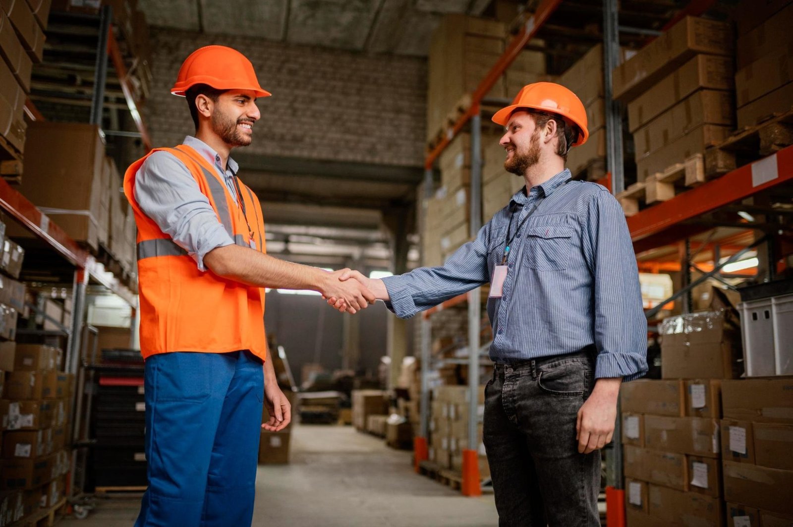 Two warehouse workers wearing orange safety helmets are shaking hands in a storage facility filled with shelves of cardboard boxes. One worker is dressed in an orange reflective vest and blue pants, while the other wears a striped shirt and jeans. The handshake and their smiles suggest successful collaboration or agreement in a logistics or supply chain setting.