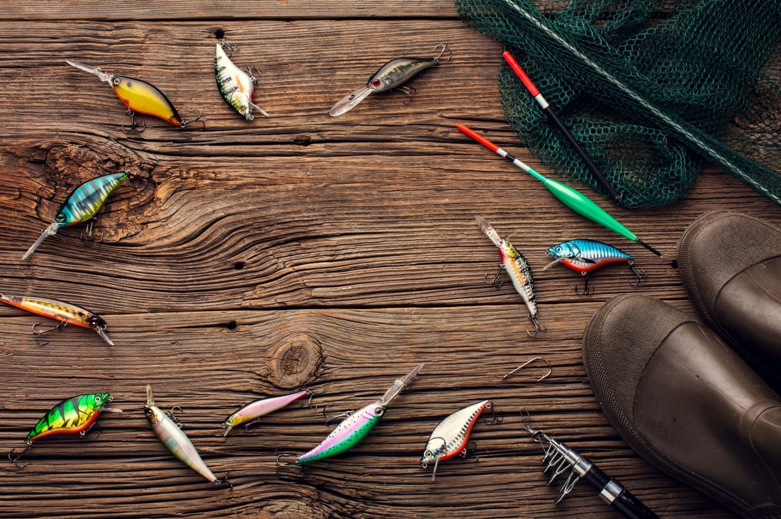 A flat lay of various fishing accessories arranged on a rustic wooden surface, including colorful fishing lures, bobbers, a green net, a fishing rod, and brown rubber boots, capturing the essentials for a fishing trip.