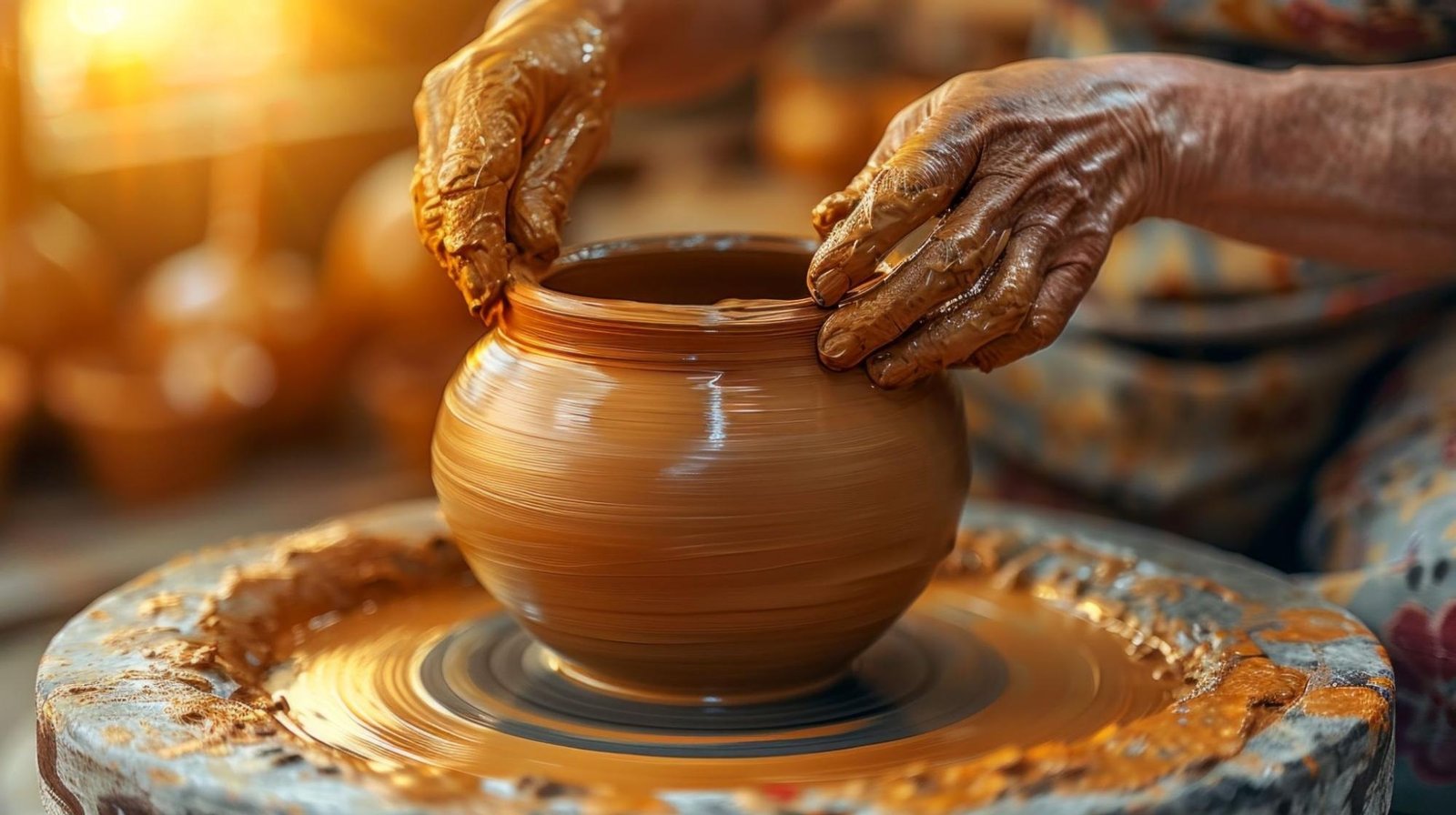 Close-up of a potter’s hands shaping a clay pot on a spinning pottery wheel, with wet clay and earthy tones highlighted by warm sunlight in the background.